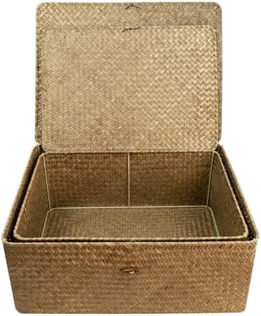 Shelf Storage Baskets with Lid, 2-Pack Wicker Storage Basket, Woven Seagrass Decorative Boxes, Coffee XXLarge+XXL - Image 5