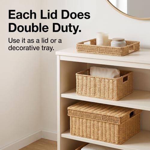 Wicker Storage Baskets with Lids for Shelves, 2-Basket Set, Natural - Image 2