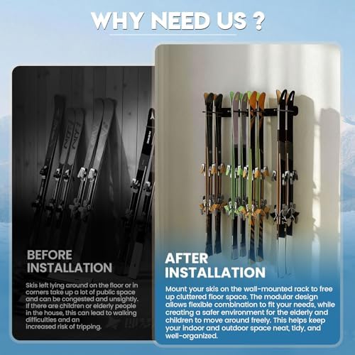 Heavy Duty Ski Storage Racks, Holds 8 pairs of skis | Wall Mount for Home&Garage | Modular Design | Rubber Cover | Holds Up to 300lbs - Image 3