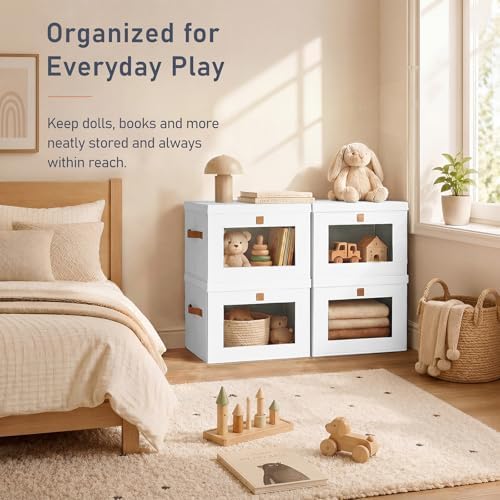 DIMJ Storage Bins with Lids - 4 Pack Front Opening Stackable Fabric Storage Boxes with Clear Window & Handles, Collapsible Closet Organizers for Clothes, Sweaters, Shelf Storage, Bedroom, White - Image 4
