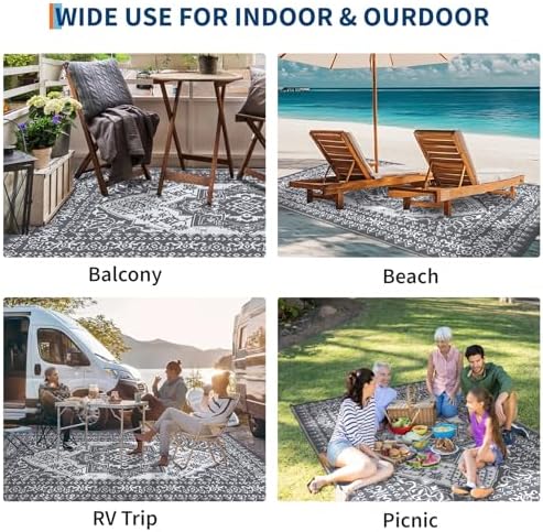 COZYLOOM Large Outdoor Rug 8x10 Patio Waterproof Reversible Mat Palm Retro Oriental Camping Rugs Indoor Outdoor Rugs Carpet Plastic Straw Rug for Deck Balcony Pool RV Camping, Grey and White - Image 2