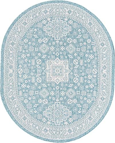Rugs.com Outdoor Aztec Collection Rug – 8' x 10' Oval Aqua Flatweave Rug Perfect for Living Rooms, Large Dining Rooms, Open Floorplans - Image 3