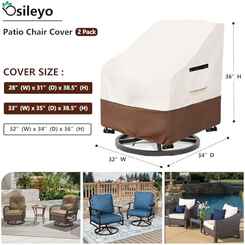 Patio Chair Covers 2 Pack,Swivel Lounge Chair Cover,Waterproof Heavy Duty Patio Furniture Covers for Outdoor Swivel Lounge Chair(32 W x 34 D x 36 H inches) Beige & Brown - Image 2