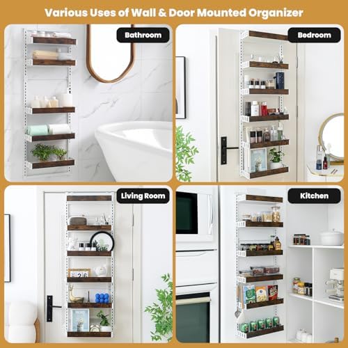 Over-The-Door Organizer – 6-Tier Wooden Pantry Storage Shelf with 12 Hooks, Wall-Mount or Hanging Spice Rack for Kitchen, Bathroom, or Closet - Image 5