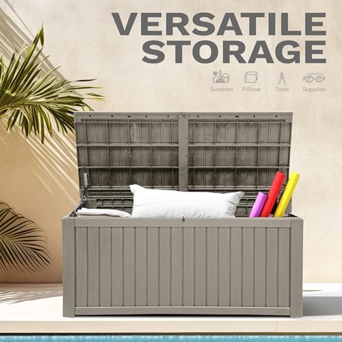 DWVO 180 Gallon XL Deck Box with Divider & Lockable Lid, Waterproof Resin Outdoor Storage for Patio, Garden, Poolside, Cushions, Supplies & Sports Gear, Light Brown - Image 3