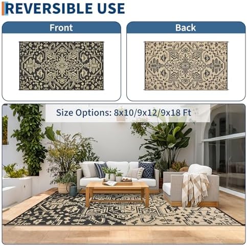 GAOMON 9x18 Outdoor Rug Waterproof for Patio Picnic Non Shedding Plastic Straw Reversible Large Outdoor Rug for Pool Trailer RV Portable Boho Vintage Floral Carpet Outside Decor, Black Brown - Image 4