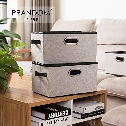 PRANDOM Large Fodable Storage Bins for Closet [5-pack] Decorative Linen Fabric Storage Bins Cubes with Leather/Metal Handles for Shelves Bedroom Living Room Light Grey (14.9x9.8x8.3 Inch) - Image 2