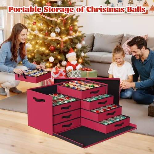 StorageRight Christmas Ornament Storage Box - Ultra Large Drawer Ornament Organizer with 8 Separate Trays & Adjustable Dividers, Portable Ornaments Box with Cover & Handle for Holiday Decorations(Red) - Image 5