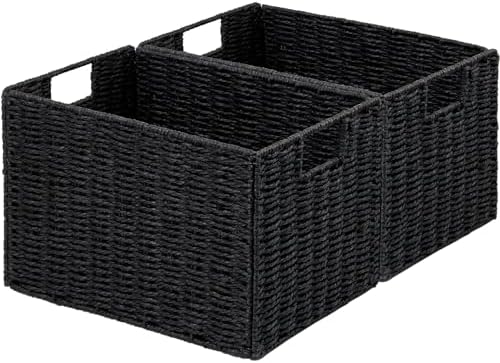 Vagusicc Wicker Storage Basket, Set of 2 Hand-Woven Paper Rope Wicker Basket, Small Storage Baskets for Organizing Toilet Paper Basket, Foldable Large Cube Storage Organizer Bins for Shelves (Black) by Vagusicc