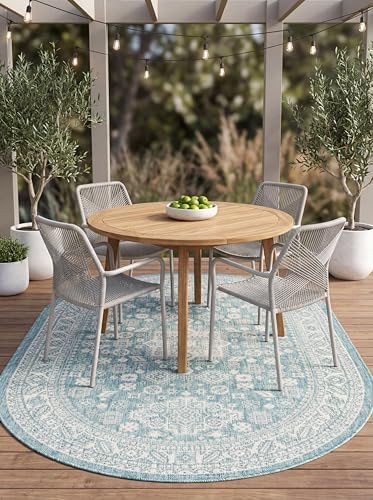 Rugs.com Outdoor Aztec Collection Rug – 8' x 10' Oval Aqua Flatweave Rug Perfect for Living Rooms, Large Dining Rooms, Open Floorplans by Rugscom