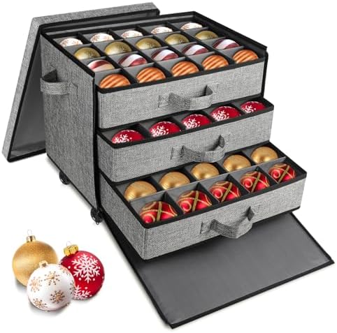 Lukeline Christmas Ornament Storage Box with Wheels, Stackable Christmas Ornament Organizer with 3 Drawer Trays, Openable Ornament Organizer for Storing Decorations, Portable Christmas Ball Box by LuKeline