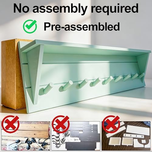 WEBI Coat Rack Wall Mount with Shelf,36" Long Entryway Wall Shelf with Hooks Underneath,9 Peg Hooks for Hanging Coats,Caps,Jacket,Clothes,Light Green - Image 5