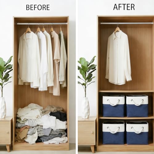 Fabric Storage Cubes 13 x 13, Collapsible Storage Bins for Shelf Baskets, Cube Storage Organizer White Navy Bins with Cotton Handles,Foldable Storage Bin box,Cube Storage Bin 6 Pack - Image 6