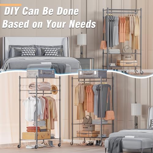 Homdox Narrow Rolling Garment Rack with Double Rods and 3 Adjustable Shelves, Compact Portable Closet Organizer for Bedroom, Dorm, Laundry Room, 23.62" W x 16.54" D x 80.71" H, Gray - Image 6