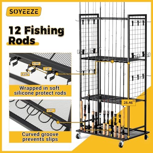 SOYEEZE Fishing Rod Holder for 12 Rods, Rolling Fishing Pole Holders for Garage, 4 Tier Adjustable Fish Rod Rack with Lockable Wheels for Tackle Box, Fishing Supplies, a Display Fish Gear Gift for Man - Image 4