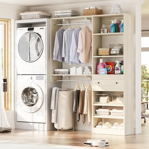 Closet System with Drawer - Reversible 5FT Wood Closet Organizer System with 2 Hanging Rods and Adjustable Shelf, Walk In Closet Organizers with Shoe Rack, Built-In Garment Rack, White Oak - Image 7