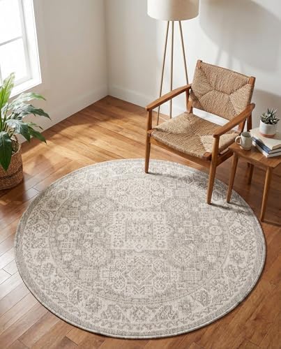 Rugs.com - Outdoor Aztec Rug – 4 Ft Round Light Gray Indoor/Outdoor Rug – Weather Resistant for Patios, Decks, and Porches by Rugscom