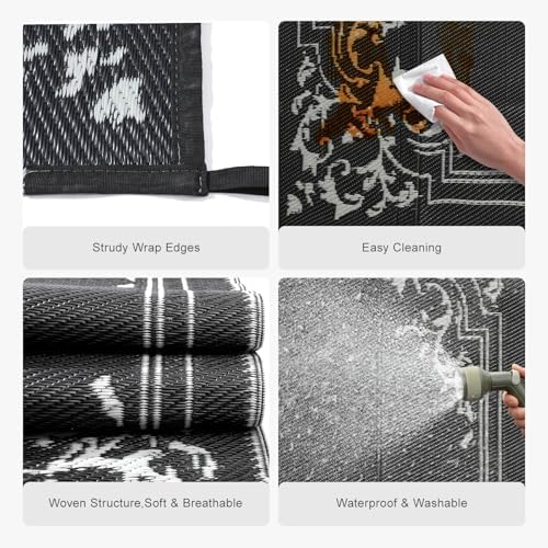 wikiwiki 9x18ft Outdoor Rug, Reversible Plastic Patio Rug Waterproof, Indoor Outdoor Carpet Clearance, Large Area Carpet for Patio Deck Balcony Pool RV Camping Beach Picnic, Classic Black - Image 5
