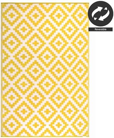 FH Home Outdoor Rug - Waterproof, Fade Resistant, Reversible - Premium Recycled Plastic - Geometric - Large Patio, Deck, Sunroom, Camping, RV - Aztec - Yellow & White Crease Free - 6 x 9 ft - Image 5