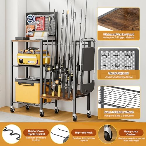 Olakee Fishing Rod Holders, Rolling Fishing Rod Rack for Garage & Boat, Tackle Box & Reel Holder Cart, Easy Assembly Fishing Gear Management System, Ideal Birthday Gift for Men Dad Anglers - Image 4