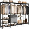 Freestanding Closet Organizer System with 3 Drawers, 6FT Heavy Duty Clothing Rack with Shelves and 6 Hanging Rods, Large Corner L Shaped Garment Rack, Grey Oak by Besiost
