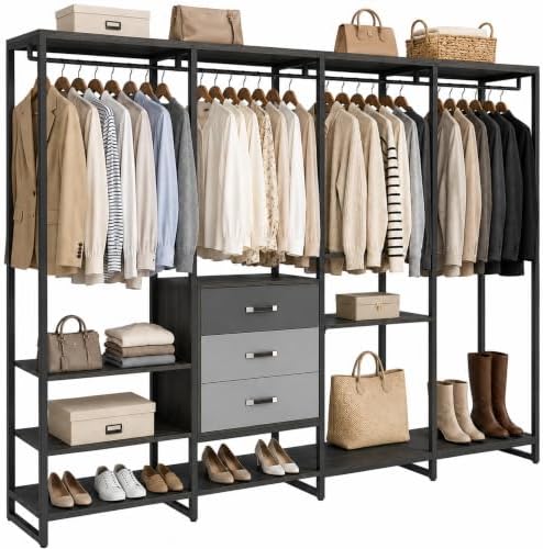 Freestanding Closet Organizer System with 3 Drawers, 6FT Heavy Duty Clothing Rack with Shelves and 6 Hanging Rods, Large Corner L Shaped Garment Rack, Grey Oak by Besiost