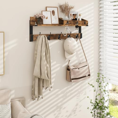 Homode Coat Rack with Shelf, Wall Shelf with Hooks, Rustic Brown Black - Image 5