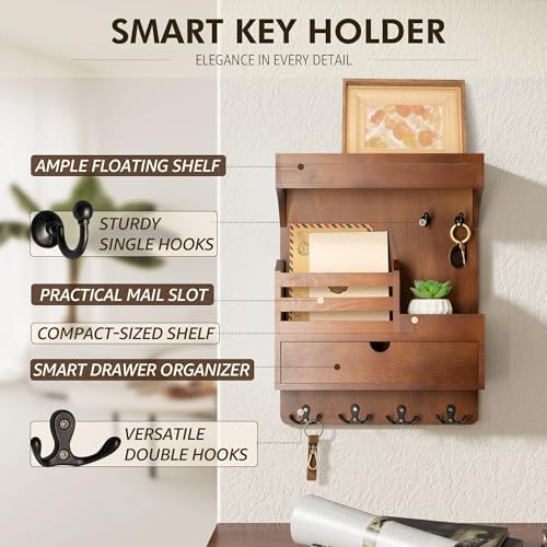 Rebee Vision Key Holder Wall Mount with Drawer Organizer for Entryway,Brown - Image 5