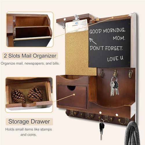 Key Holder Wall Mount with Drawer and Mail Organizer, Vintage Brown - Image 6