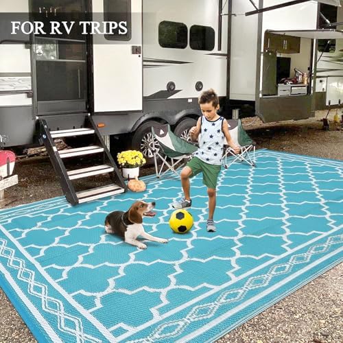 GAOMON Outdoor Rug Waterproof 8'x10', Reversible Outdoor Plastic Straw Rug, Boho Patio Rug, Indoor Outdoor Carpet, RV Mat Outside for Patio, Camp, Picnic, Balcony, Deck, Teal/White(Geometric) - Image 3
