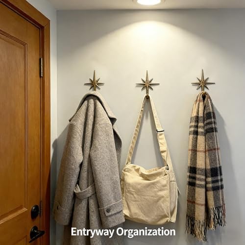 4 Pack Cast Iron Atomic Starburst Wall Hooks, Gold Mid Century Modern Coat and Towel Hooks for Entryway, Bathroom, Kitchen, Bedroom, Decorative Vintage Style Star Hooks - Image 3