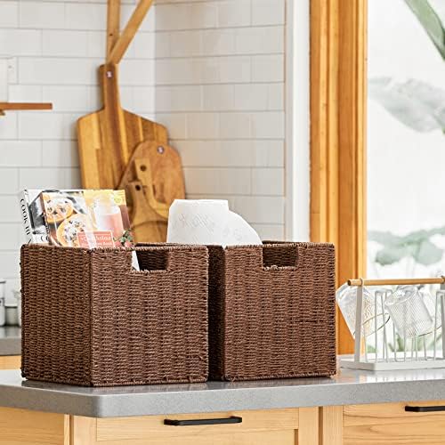 Vagusicc Wicker Storage Basket, Set of 2 Hand-Woven Storage Baskets for Shelves with Handles, Foldable Cube Storage Baskets Bins Organizer, 13 inch Large Wicker Baskets for Pantry Bedroom Decor, Brown - Image 3