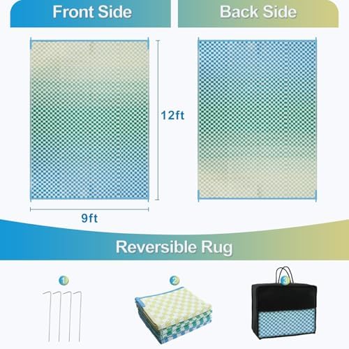 Wonnitar Waterproof 9x12 Outdoor Rug - Blue Yellow Gradient Geometric Patio Rug, Extra Large Plastic Straw Carpet for Balcony Beach Garden Deck, Reversible Outdoor RV Camping Mat - Image 2