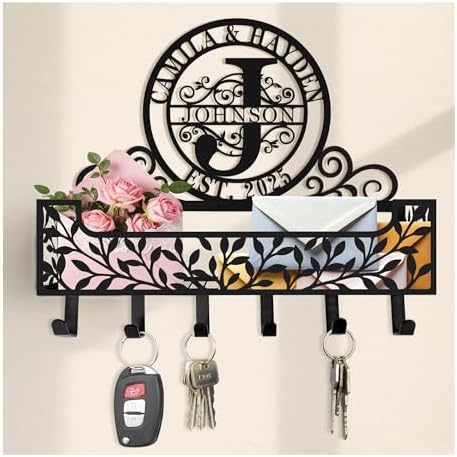 Personalized Metal Family Name Key and Mail Holder, Wall Mount Entryway Organizer with Hooks, Custom Key Rack for Kitchen, Bathroom, and Home Storage by custommetalsign
