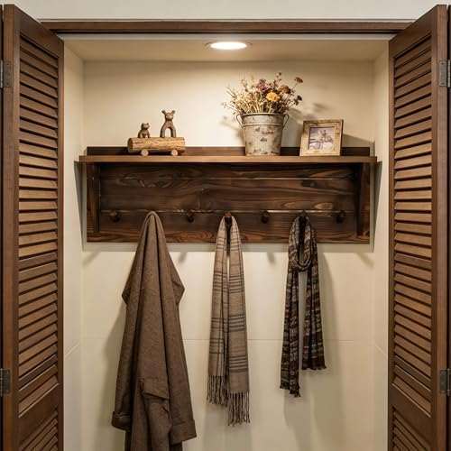 WEBI Coat Rack Wall Mount with Shelf,30" Long Entryway Wall Shelf with Hooks Underneath,7 Peg Hooks for Hanging Coats,Caps,Jacket,Clothes,Brown - Image 2