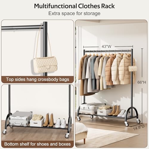 MISSLO Heavy Duty Clothing Rack with Wheels Rolling Clothes Racks for Hanging Clothes, Coats, Garment, Dress, Black - Image 5