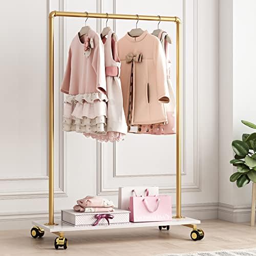 Gold Metal Clothing Rack with Wood Shelf, Heavy Duty Rolling Garment Rack with Wheels for Bedroom Retail Boutique Use (37.4L inches) by FONECHIN