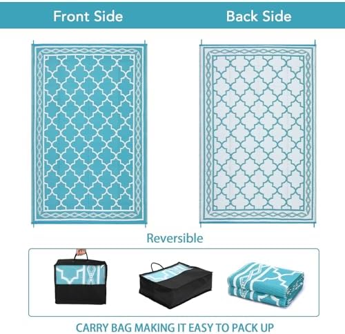GlowSol Reversible Outdoor Rug 9x12 ft Clearance, Waterproof Outdoor Plastic Straw Rug with Carry Bag, Modern Geometric Patio Rug,RV Mat for Porch,Deck,Backyard,Camping,Balcony,Deck,Backyard,Blue - Image 2