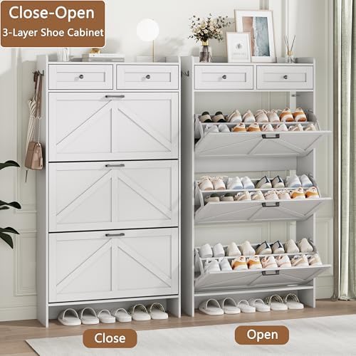Shoe Cabinet with 3 Flip Drawers & 2 Top Drawers, 57" Tall Freestanding Narrow Wooden Shoe Storage Organizer for Entryway, Hidden Slim Shoe Rack for Front Door Entrance, Hallway, Living Room, White - Image 4