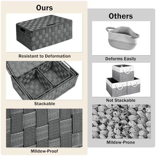 Storage Baskets with Lids: 5 Pack Stackable Woven Storage Bins, Grey - Image 5