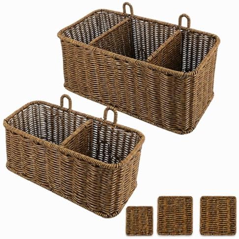 AceList Hanging Wall Basket with Removable Dividers, Set of 2 Woven Storage Baskets - Faux Rattan Wall Mounted Organizer for Kitchen Bathroom, Includes 5 Clear Hooks & 5 No-Mark Nails, Boho Decor by AceList