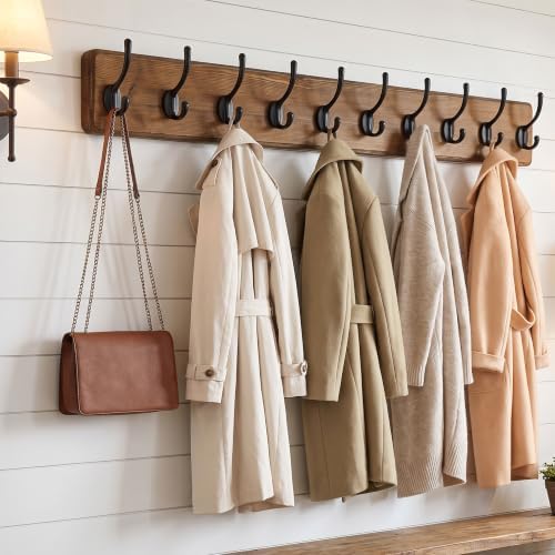 WEBI Coat Rack Wall Mount,10 Hooks,38 9/16" Long Coat Hooks Wall Mounted Rustic,16" Hole to Hole,Wood Coat Hanger Wall,Hook Rack Hooks for Hanging Coats,Jacket,Clothes,Hats,2 Packs - Image 2