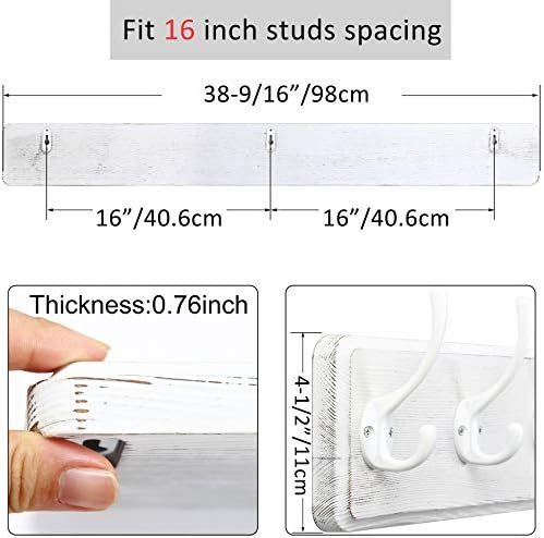WEBI Coat Rack Wall Mount,10 Hooks,38 9/16" Long Coat Hooks Wall Mounted Large,16" Hole to Hole,Wood Coat Hanger Wall,Hooks for Hanging Coats,Jacket,Clothes,Hats,White,2 Packs - Image 3