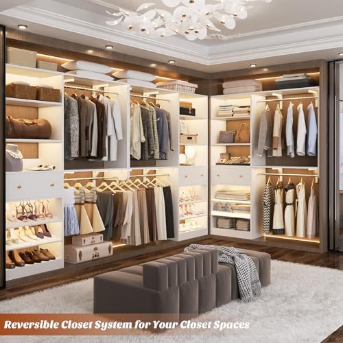 [10 FT Closet System] 120 Inch Reversible Set of 2 Wood Closet Organizer System with 2 Drawers, 4 Hanging Rods Adjustable Shelf, Walk In Closet Organizers with Shoe Rack, Garment Rack, White - Image 4