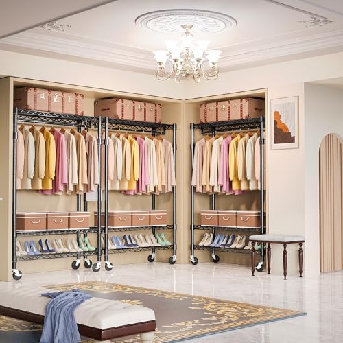 M MZG Heavy Duty Rolling Garment Rack 3 Tiers Adjustable Wire Shelving Clothes Rack with Rods and Side Hooks,Storage Closet Clothing Rack with Wheels Black 17.7" D x 47.2" W x 83.6" H - Image 3