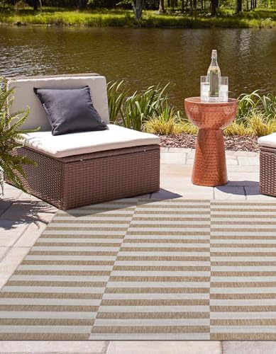 Unique Loom Outdoor Striped Collection Area Rug - Striped (5' 3" Square Taupe/Ivory) - Image 3
