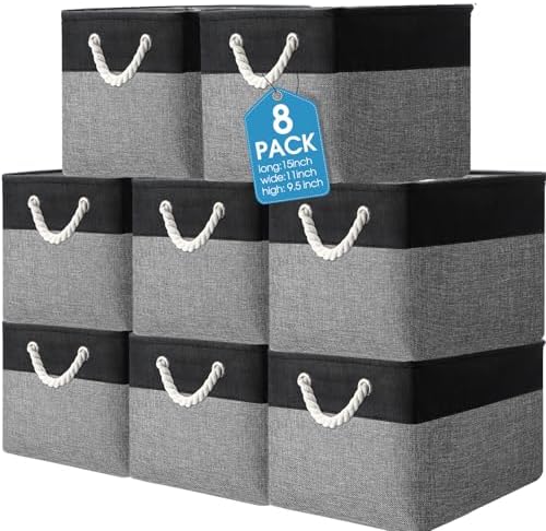 meekoo 8 Pack Fabric Storage Bins Baskets, 15 x 11 x 9.5 in, Black Gray by meekoo