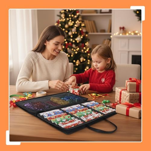 Relaxdays Wrapping Paper Storage, Zip, Handles, 3 Mesh Compartments for Accessories, H 34 x W 82 x D 13 cm, Black - Image 2