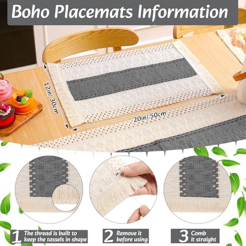 6 Sets Boho Placemat Table Runner Napkin Rings, Gray, 12x72 - Image 3