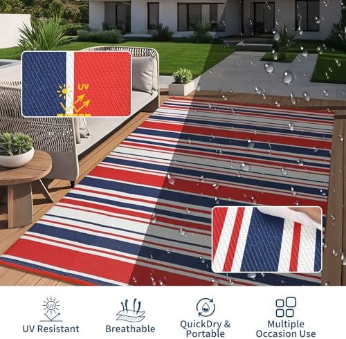 GAOMON 10x14 Outdoor Rug Waterproof for Patio Plastic Straw Large Rug Geometric Stripe Indoor Outdoor Area Rug Modern Lines Outdoor Camping Rugs for RV Porch Deck Trailer Beach, Red Navy White - Image 7